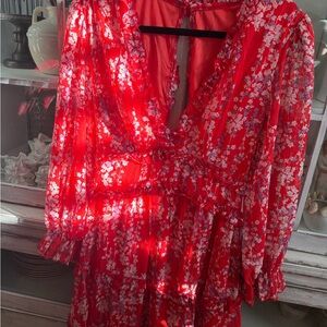 Floral Red Dress with V-Neck